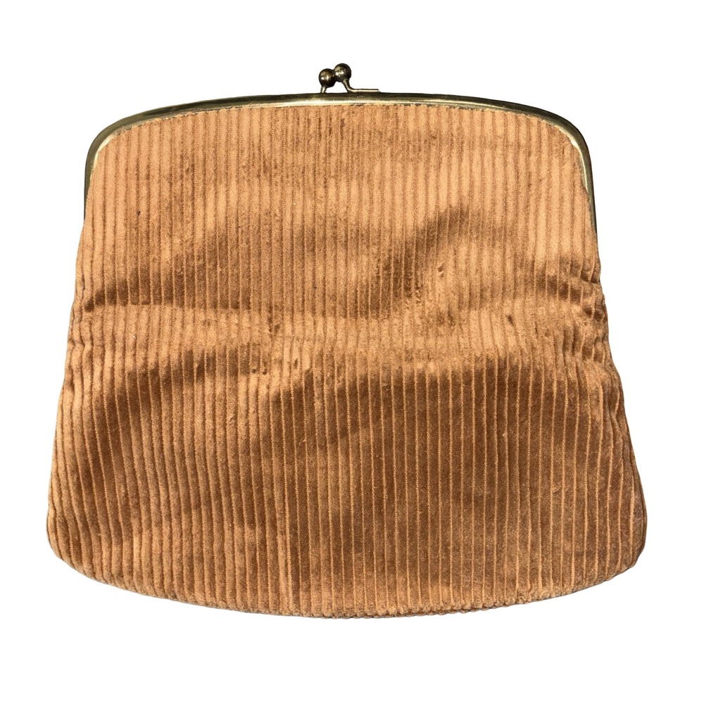 Vintage HL USA Corduroy Kiss Lock Clutch Bag Brown Gold Tone Chain Strap
